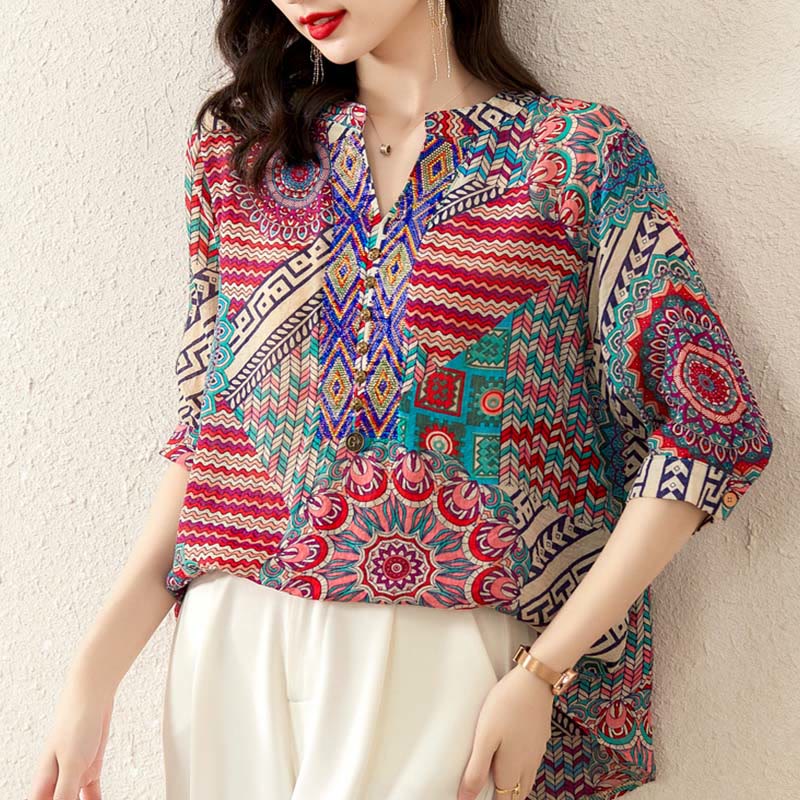 Buddha Stones Women's Mandala Geometry Half Button Shirt - image 10