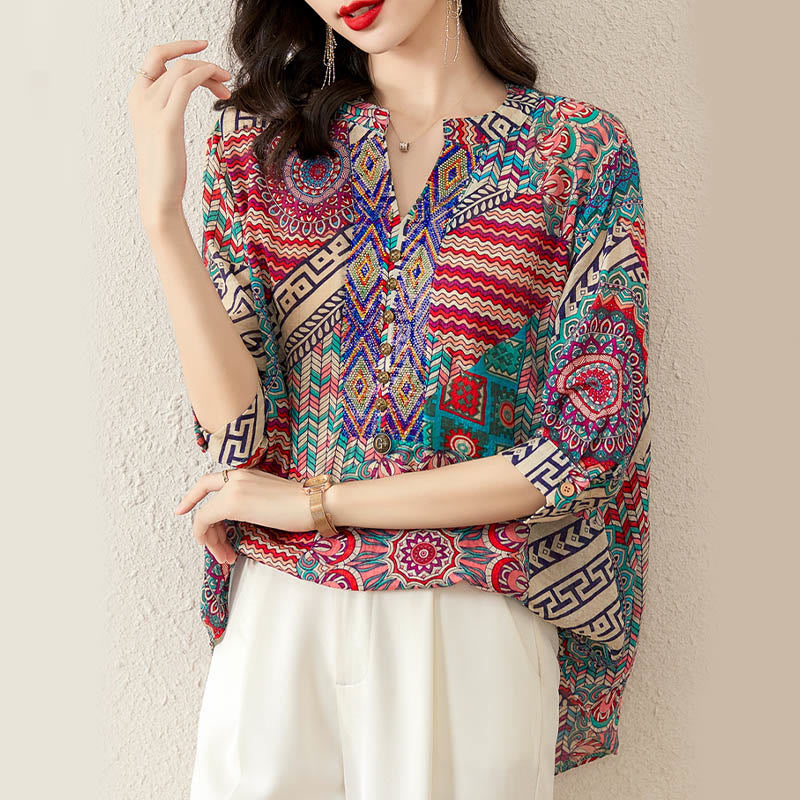 Buddha Stones Women's Mandala Geometry Half Button Shirt