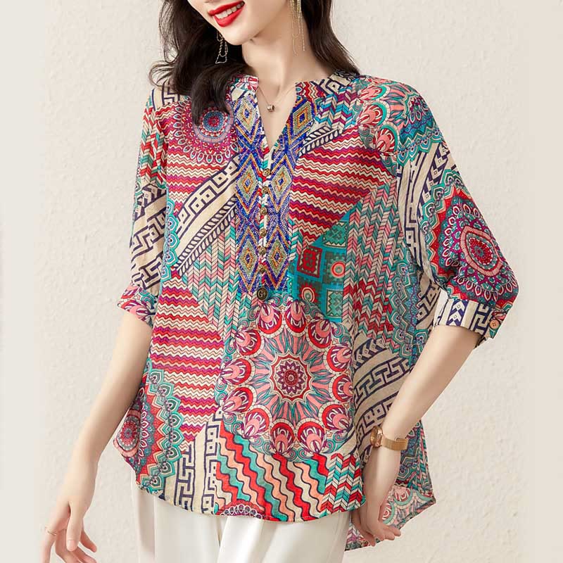 Buddha Stones Women's Mandala Geometry Half Button Shirt