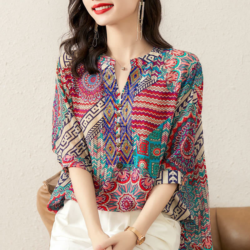 Buddha Stones Women's Mandala Geometry Half Button Shirt