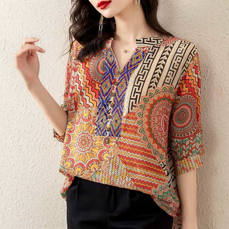 Buddha Stones Women's Mandala Geometry Half Button Shirt