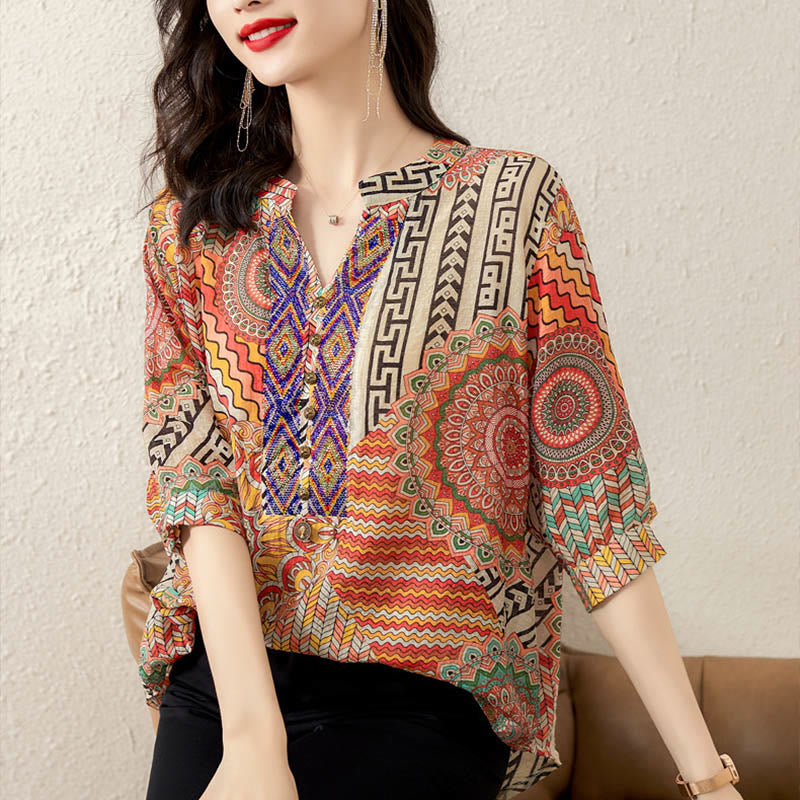 Buddha Stones Women's Mandala Geometry Half Button Shirt