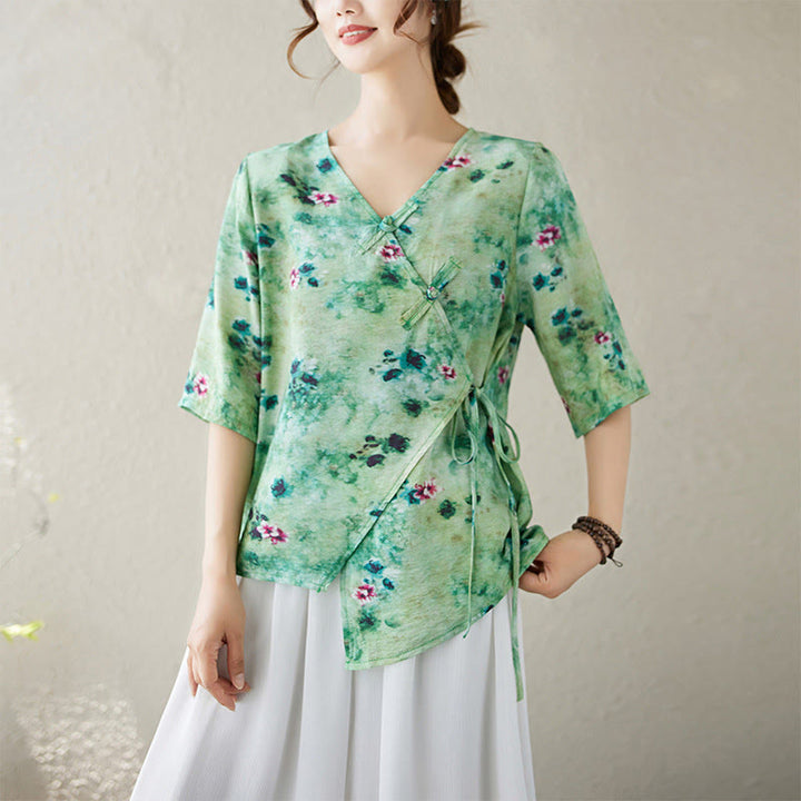 Buddha Stones Flower Print Lace-up Frog-Button Half Sleeve Shirt T-shirt Tee