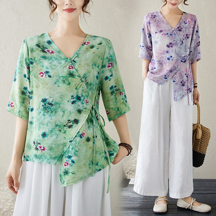 Buddha Stones Flower Print Lace-up Frog-Button Half Sleeve Shirt T-shirt Tee