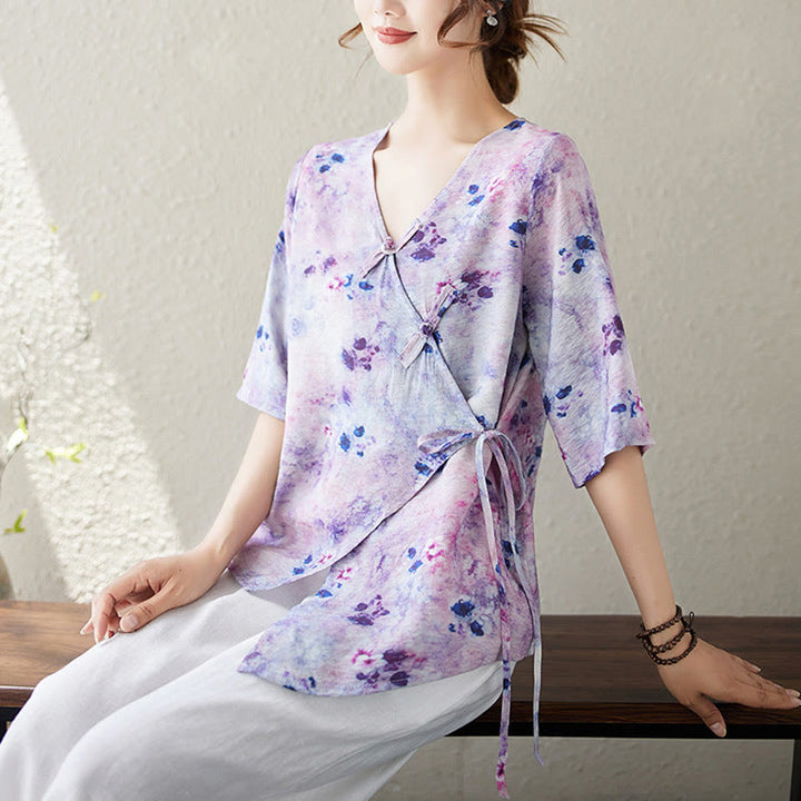 Buddha Stones Flower Print Lace-up Frog-Button Half Sleeve Shirt T-shirt Tee