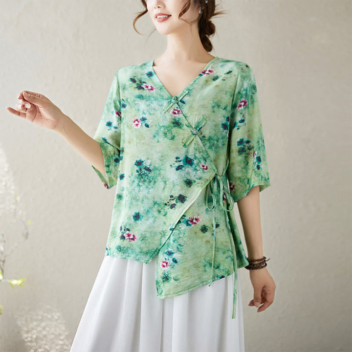 Buddha Stones Flower Print Lace-up Frog-Button Half Sleeve Shirt T-shirt Tee