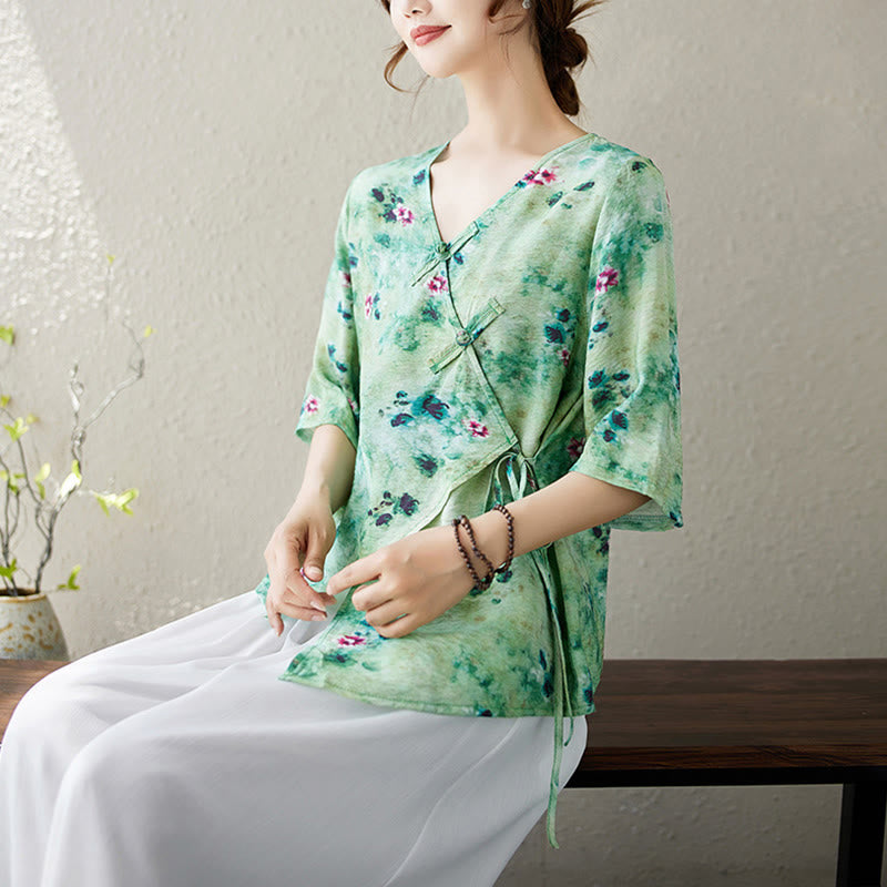 Buddha Stones Flower Print Lace-up Frog-Button Half Sleeve Shirt T-shirt Tee