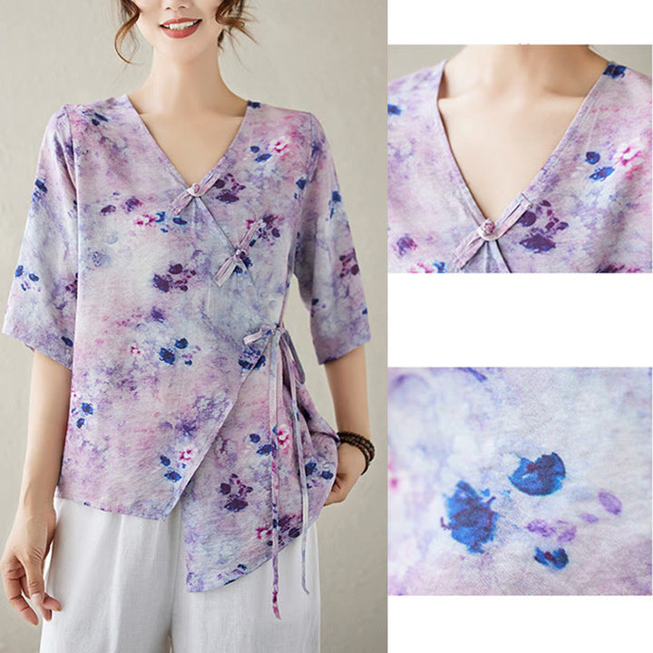 Buddha Stones Flower Print Lace-up Frog-Button Half Sleeve Shirt T-shirt Tee