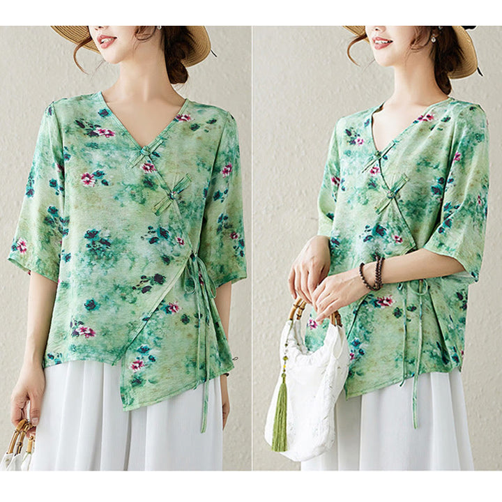 Buddha Stones Flower Print Lace-up Frog-Button Half Sleeve Shirt T-shirt Tee