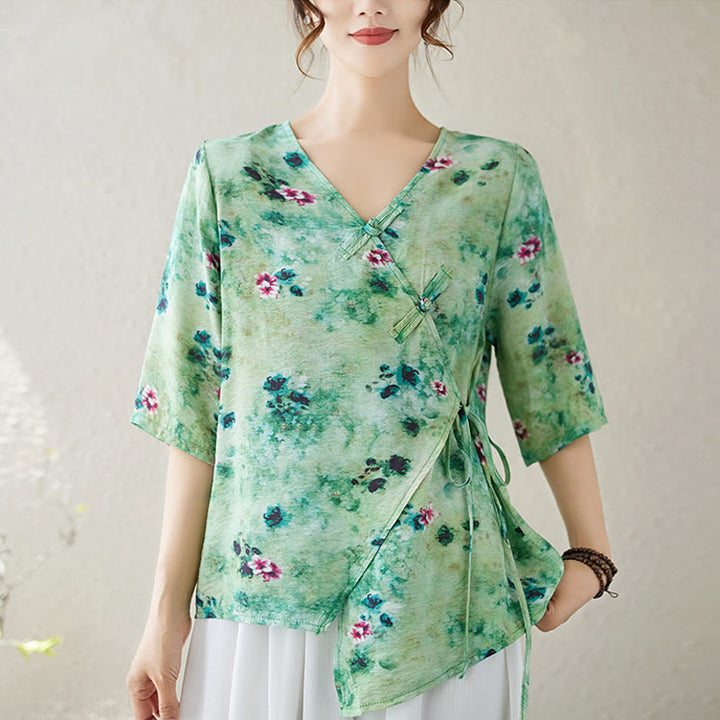 Buddha Stones Flower Print Lace-up Frog-Button Half Sleeve Shirt T-shirt Tee