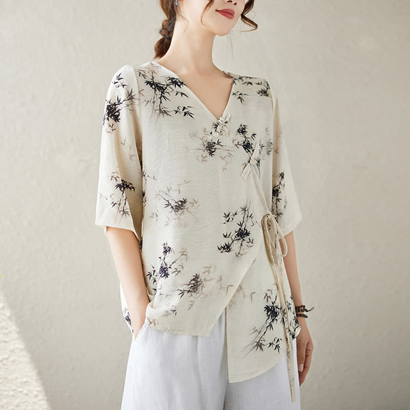 Buddha Stones Ink Bamboo Leaves Print V-Neck Lace-up Frog-Button Shirt T-shirt Tee - image 8