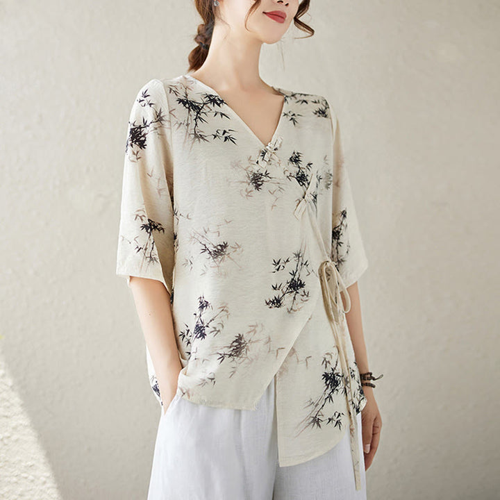 Buddha Stones Ink Bamboo Leaves Print V-Neck Lace-up Frog-Button Shirt T-shirt Tee - image 8