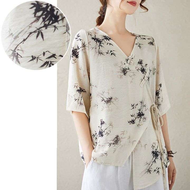 Buddha Stones Ink Bamboo Leaves Print V-Neck Lace-up Frog-Button Shirt T-shirt Tee - image 16