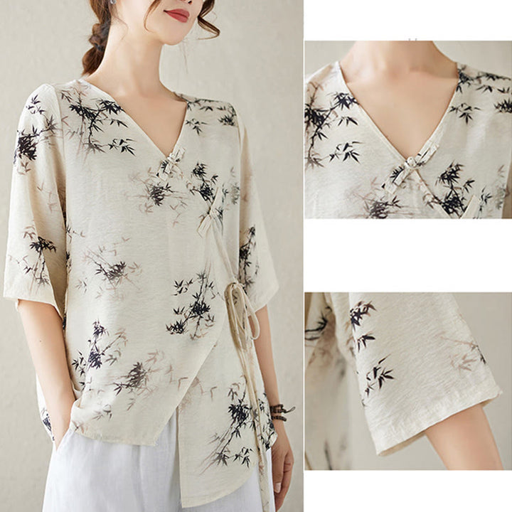 Buddha Stones Ink Bamboo Leaves Print V-Neck Lace-up Frog-Button Shirt T-shirt Tee - image 14