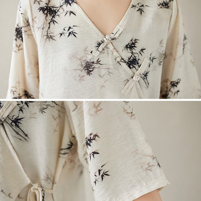 Buddha Stones Ink Bamboo Leaves Print V-Neck Lace-up Frog-Button Shirt T-shirt Tee - image 11