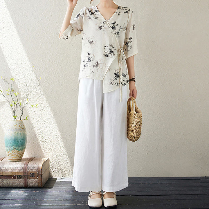 Buddha Stones Ink Bamboo Leaves Print V-Neck Lace-up Frog-Button Shirt T-shirt Tee - image 18