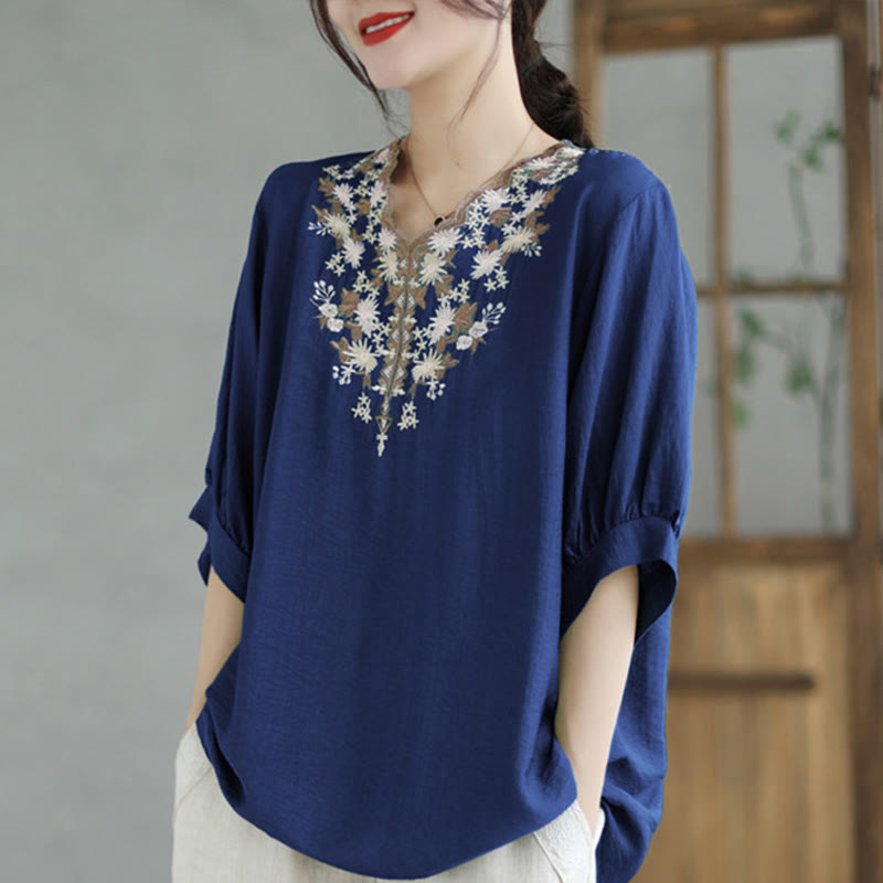 Buddha Stones Small Floral Embroidery V-Neck Half Sleeve Cotton Linen T-shirt Tee - SteelBlue - F(Fit for US4-8/10; UK/AU8-12/14; EU36-40/42) - image 3