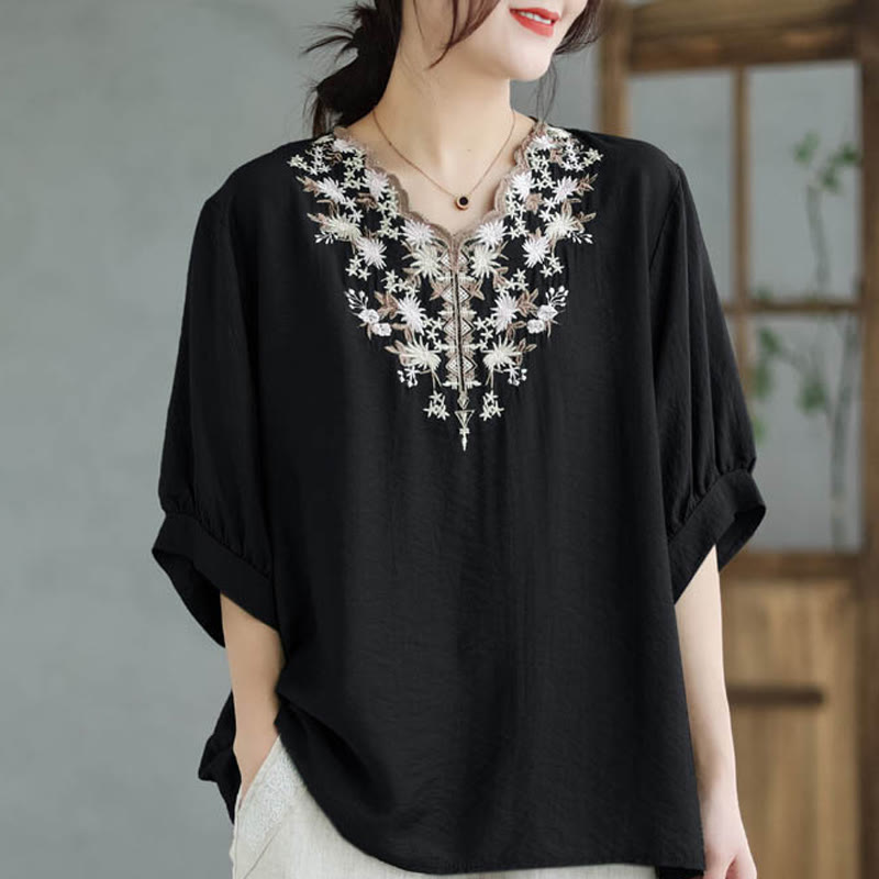 Buddha Stones Small Floral Embroidery V-Neck Half Sleeve Cotton Linen T-shirt Tee - image 1