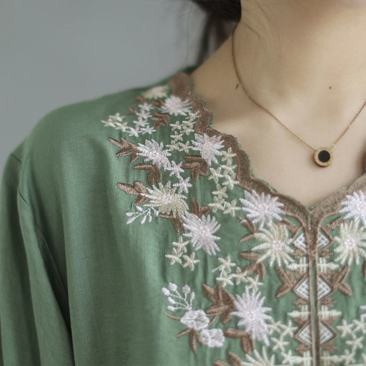 Buddha Stones Small Floral Embroidery V-Neck Half Sleeve Cotton Linen T-shirt Tee - image 6