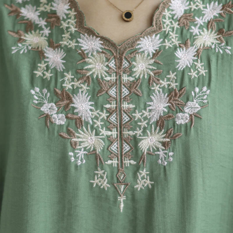 Buddha Stones Small Floral Embroidery V-Neck Half Sleeve Cotton Linen T-shirt Tee - image 8