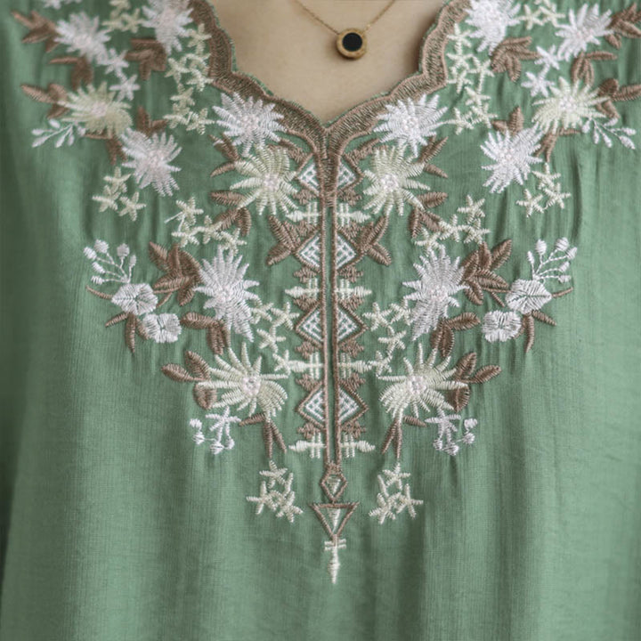 Buddha Stones Small Floral Embroidery V-Neck Half Sleeve Cotton Linen T-shirt Tee - image 8