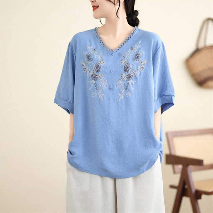 Buddha Stones Floral Embroidery V-Neck Half Sleeve T-shirt Tee