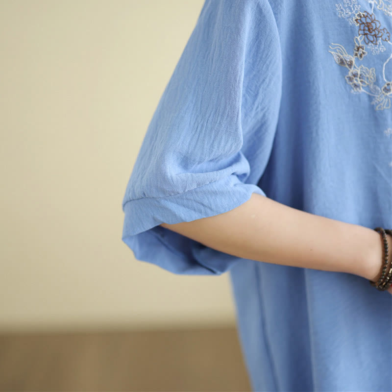 Buddha Stones Floral Embroidery V-Neck Half Sleeve T-shirt Tee - image 9