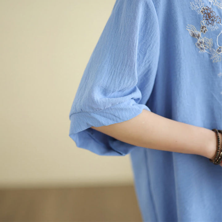 Buddha Stones Floral Embroidery V-Neck Half Sleeve T-shirt Tee - image 9