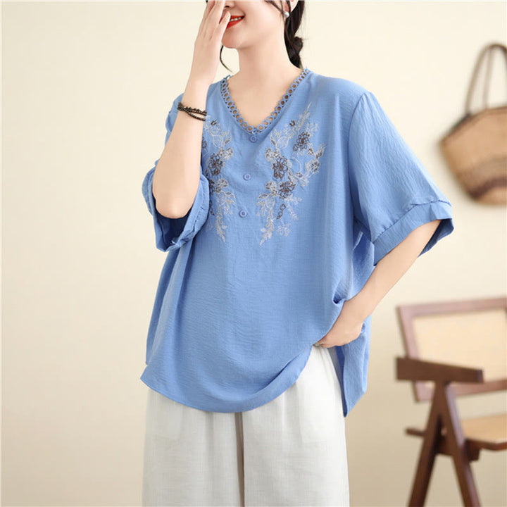 Buddha Stones Floral Embroidery V-Neck Half Sleeve T-shirt Tee