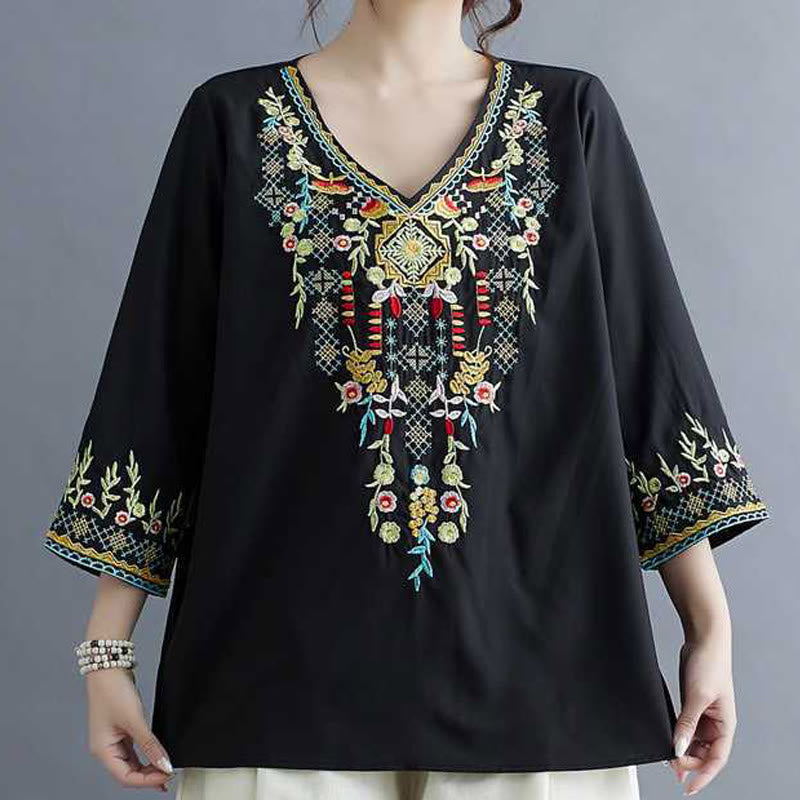 Buddha Stones Ethnic Style Floral Embroidery V-Neck Three Quarter Sleeve T-shirt Tee