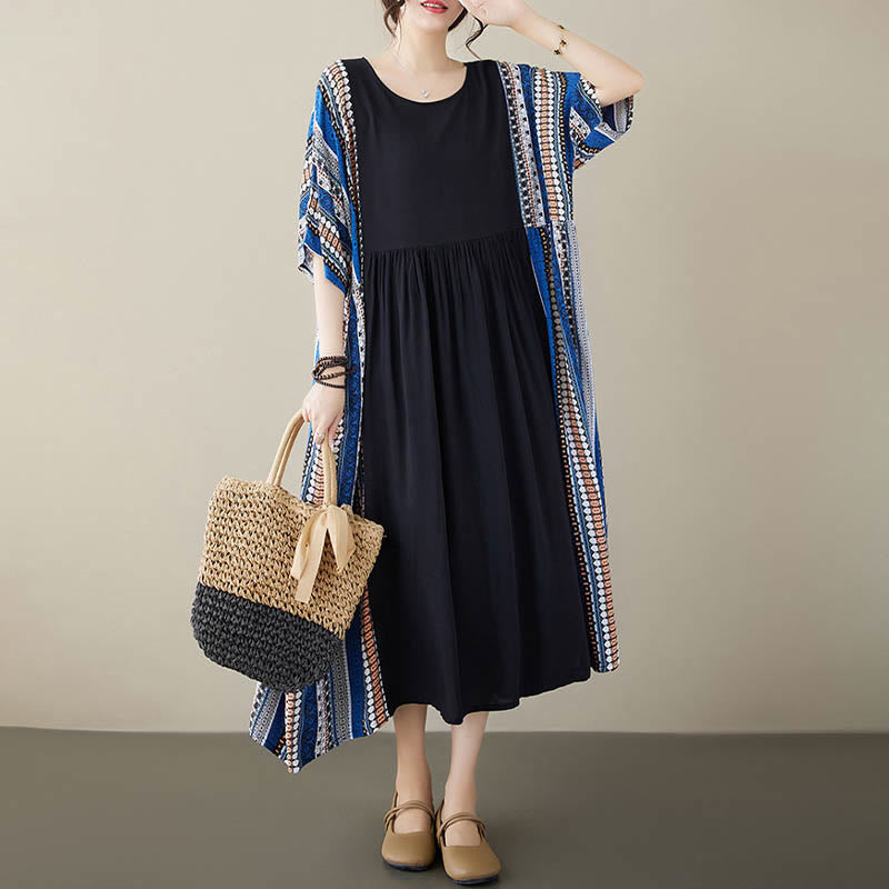 Buddha Stones Black Blue Stripes Short Sleeve Midi Dress With Pockets