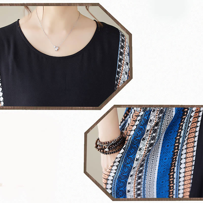 Buddha Stones Black Blue Stripes Short Sleeve Midi Dress With Pockets - image 12