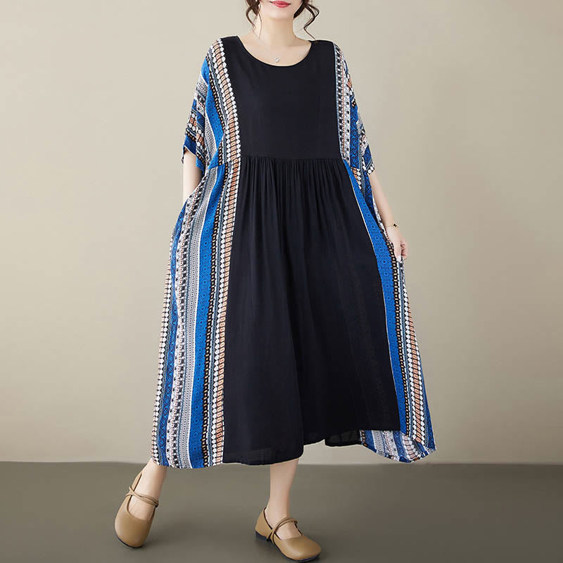 Buddha Stones Black Blue Stripes Short Sleeve Midi Dress With Pockets - image 1