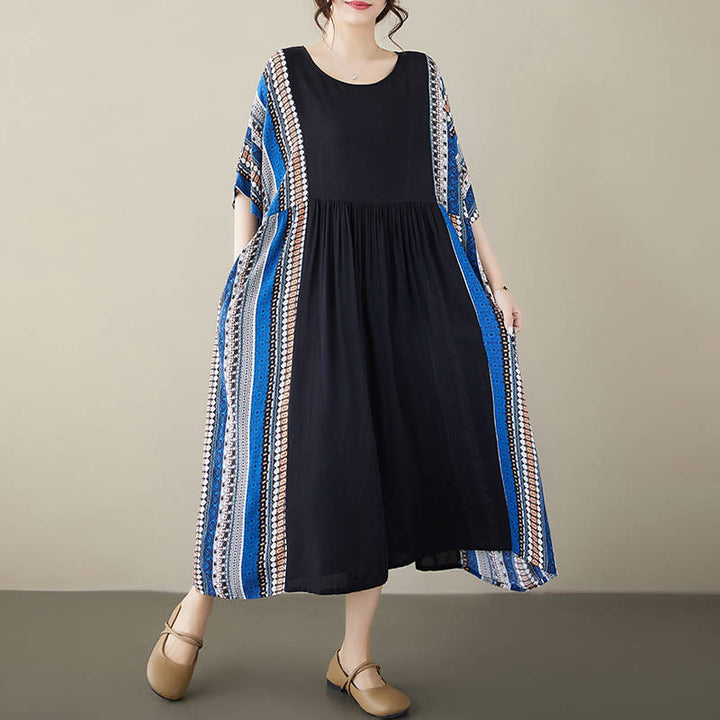 Buddha Stones Black Blue Stripes Short Sleeve Midi Dress With Pockets - image 1