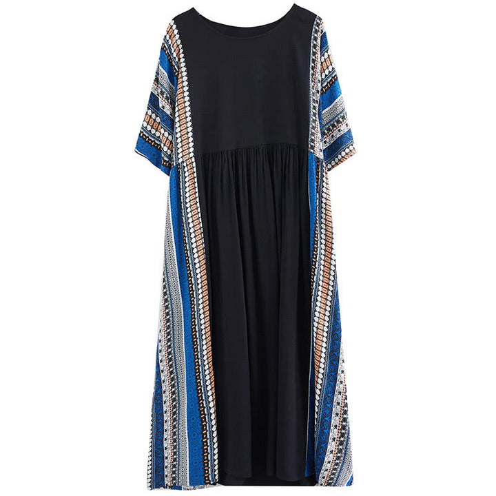 Buddha Stones Black Blue Stripes Short Sleeve Midi Dress With Pockets - image 5