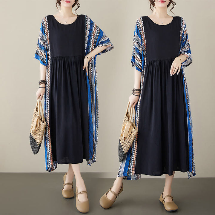 Buddha Stones Black Blue Stripes Short Sleeve Midi Dress With Pockets