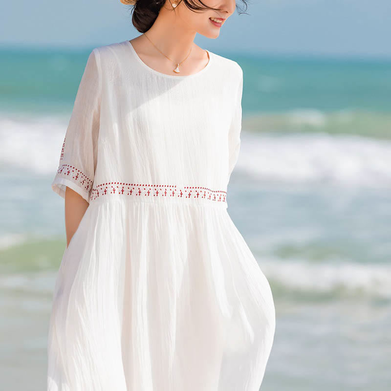 Buddha Stones Solid Color Embroidery Short Sleeve Ramie Linen Midi Dress