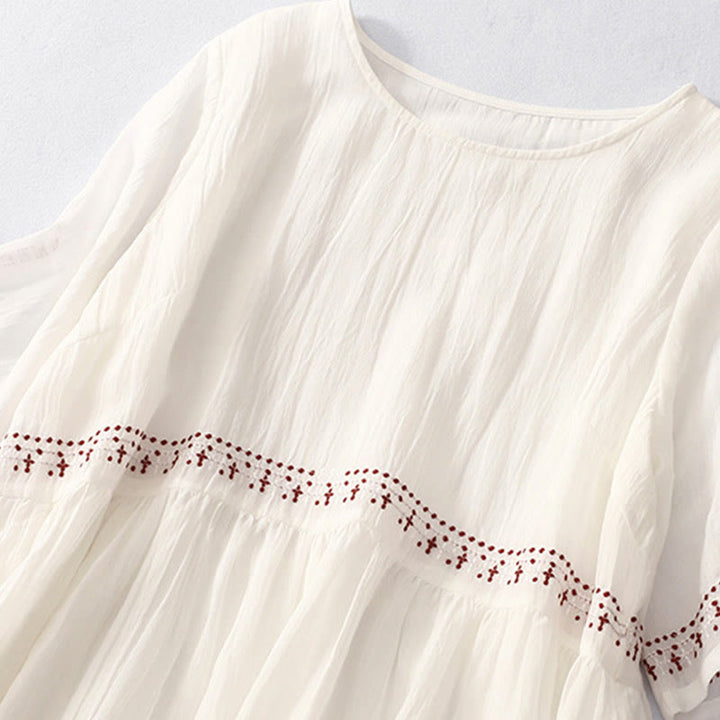 Buddha Stones Solid Color Embroidery Short Sleeve Cotton Midi Dress - image 6