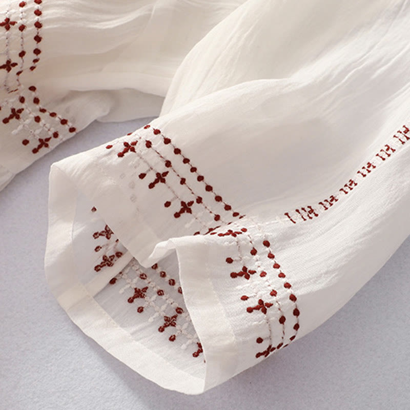 Buddha Stones Solid Color Embroidery Short Sleeve Cotton Midi Dress With Pockets - image 8