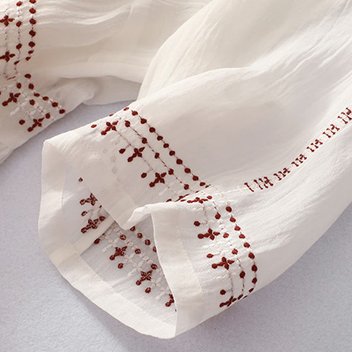 Buddha Stones Solid Color Embroidery Short Sleeve Cotton Midi Dress With Pockets - image 8