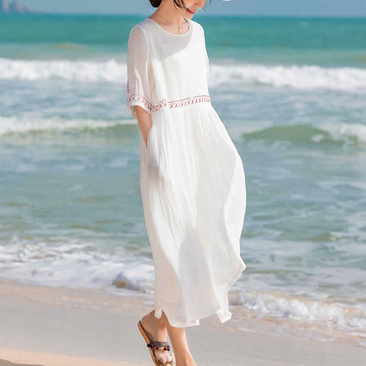 Buddha Stones Solid Color Embroidery Short Sleeve Cotton Midi Dress - image 16