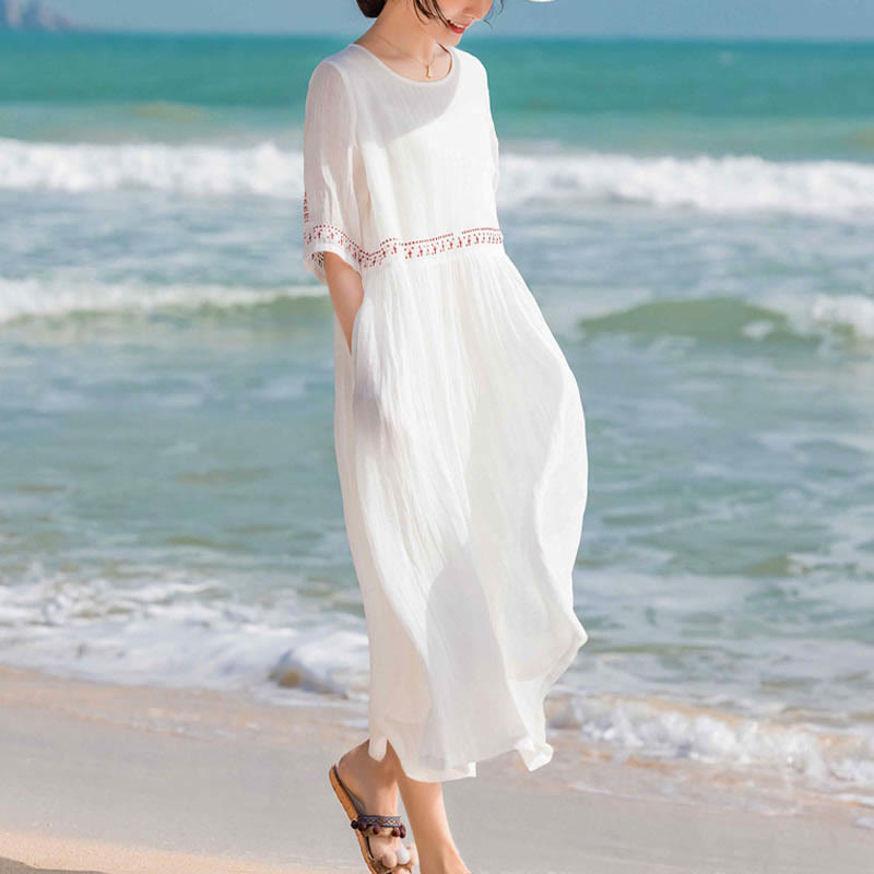 Buddha Stones Solid Color Embroidery Short Sleeve Cotton Midi Dress - image 15