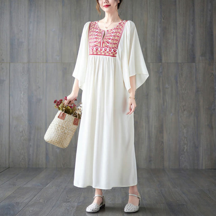 Buddha Stones Embroidery Notched Ruffled Hem Midi Dress With Pockets