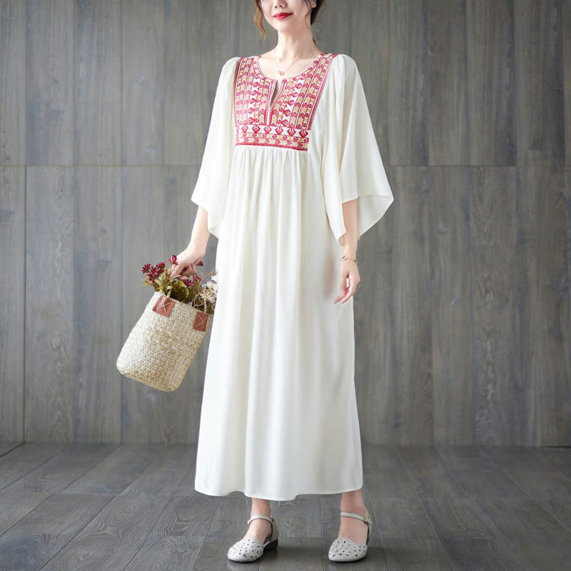 Buddha Stones Embroidery Notched Ruffled Hem Midi Dress With Pockets - image 4