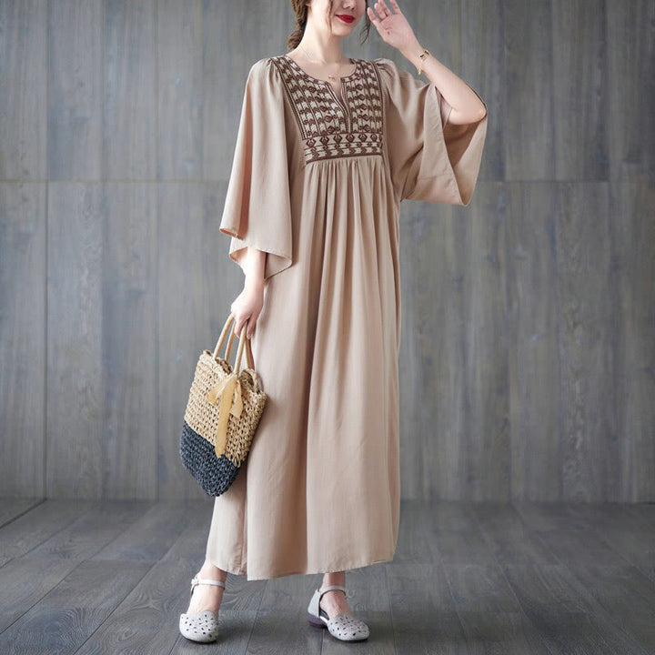 Buddha Stones Embroidery Notched Ruffled Hem Midi Dress With Pockets