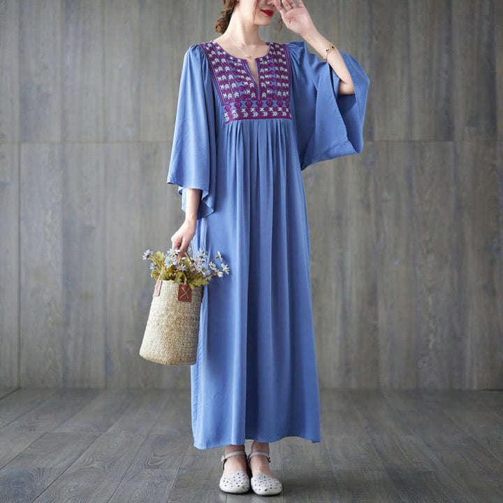 Buddha Stones Embroidery Notched Ruffled Hem Midi Dress With Pockets - image 20