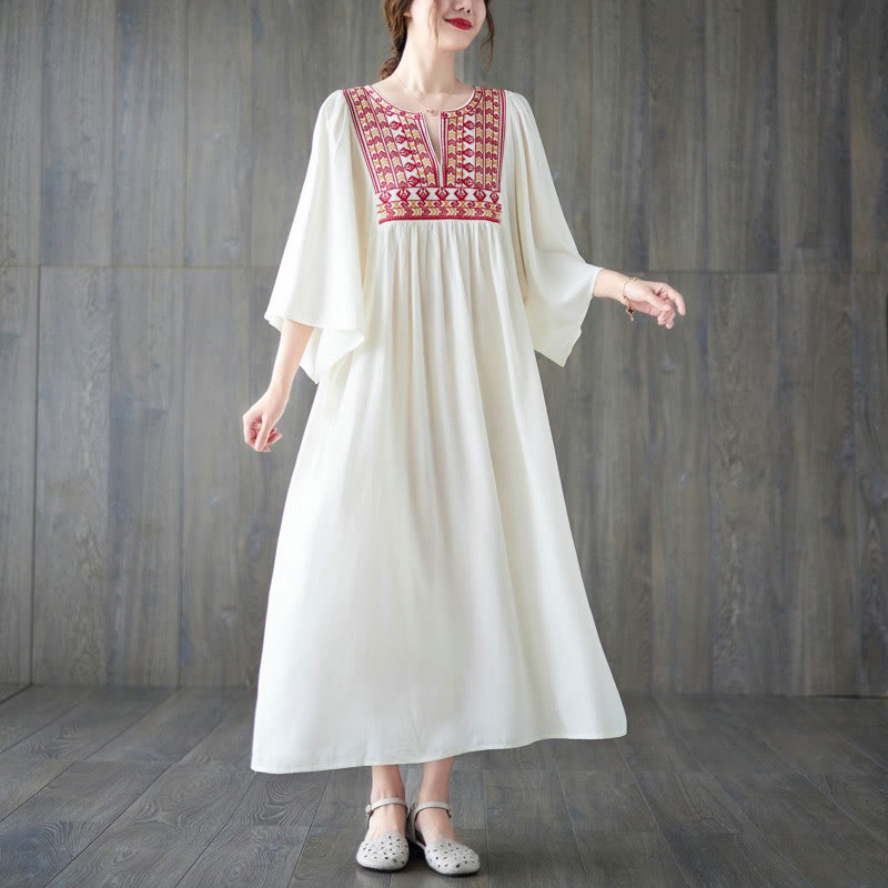 Buddha Stones Embroidery Notched Ruffled Hem Midi Dress With Pockets