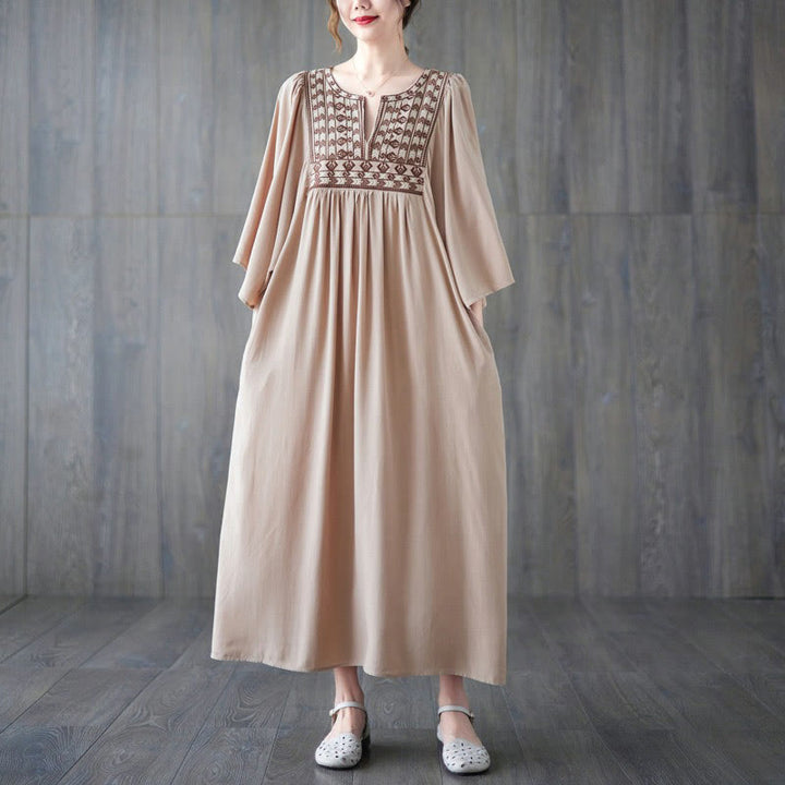 Buddha Stones Embroidery Notched Ruffled Hem Midi Dress With Pockets