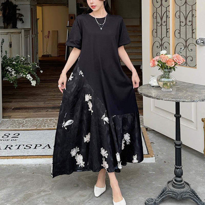 Buddha Stones Casual Flower Jacquard Short Sleeve T-Shirt Midi Dress - image 1