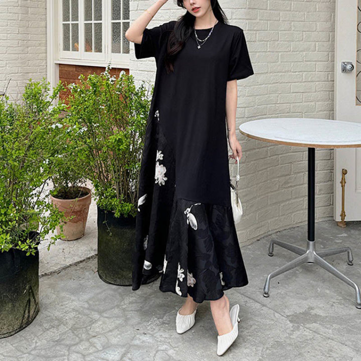 Buddha Stones Casual Flower Jacquard Short Sleeve T-Shirt Midi Dress